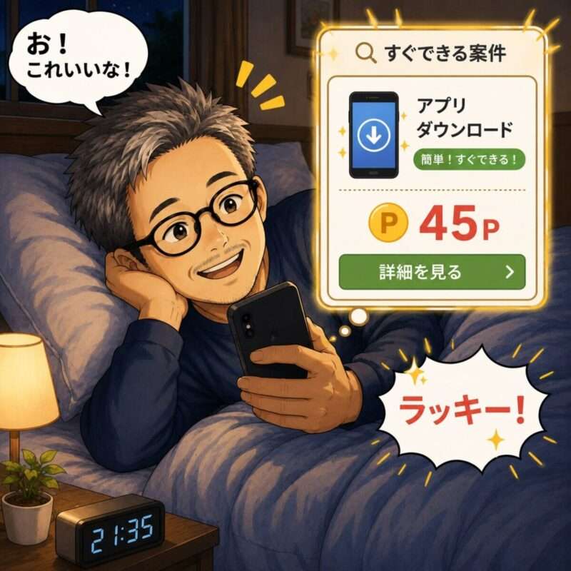 寝る前にポイントサイトチェックして、簡単な割にポイント還元のいい案件を見つけて「ラッキー」と喜ぶ「ポイおじ」の絵