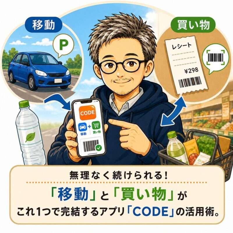 ポイおじが「CODE」アプリの紹介をしている画像。移動と買い物が、これ１つで完結するアプリ「CODE」の活用術。