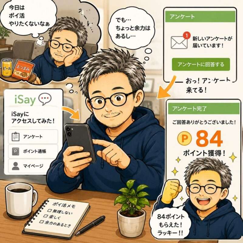今日はポイ活やりたくないなぁ、と思っています。でも少し余力があるので、アンケートサイトの「iSay」にアクセスしてみました。そしたらアンケートが配信されていたので、やってみました。そしたら84ポイント獲得できてラッキー!!とちょっと喜んでるポイおじの絵