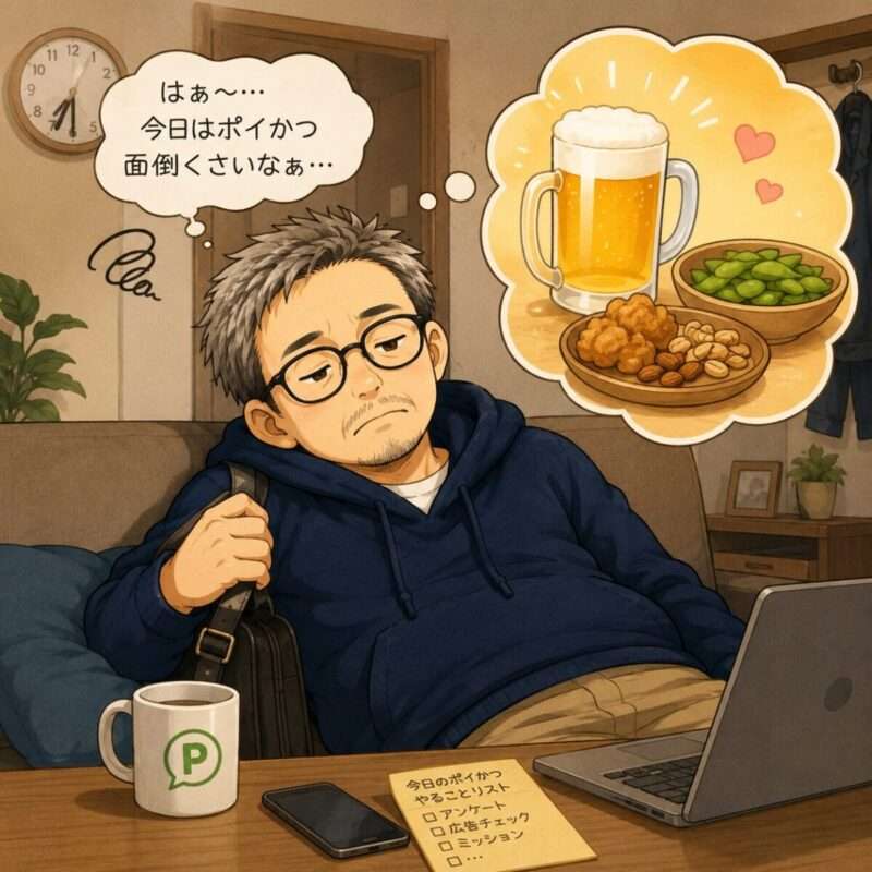 仕事から疲れて帰ってきて、ビールを飲みたいと思っているポイおじの絵