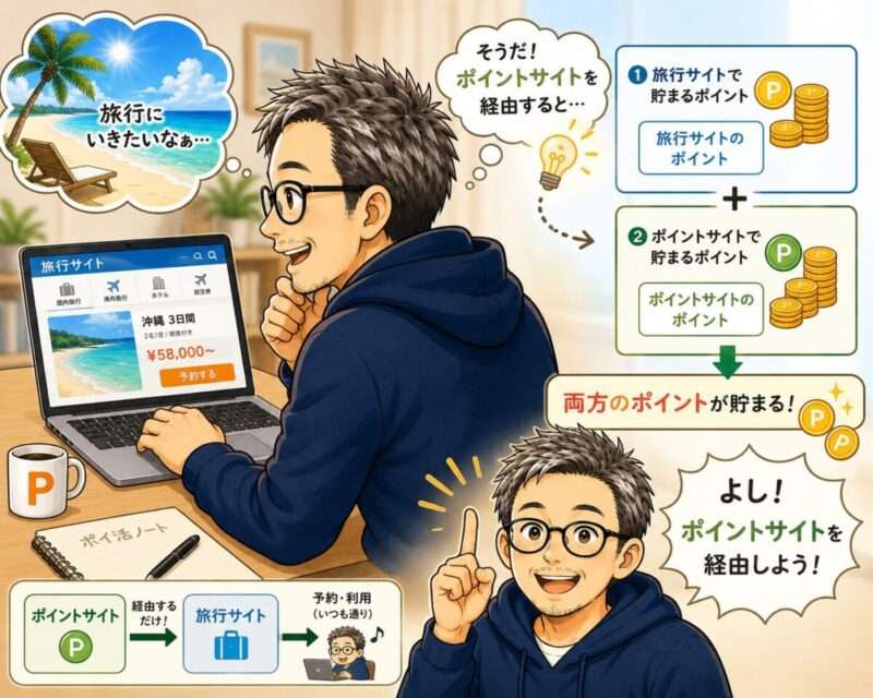 旅行予約をするのに、ポイントサイトを経由してから旅行サイトで予約すればポイントがプラスされることを思い出したポイおじの絵