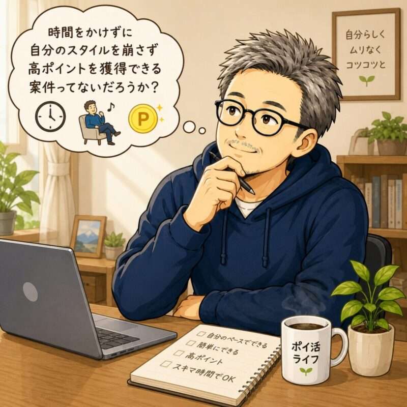 「時間をかけずに自分のスタイルを崩さず高ポイントを獲得できる案件ってないだろうか?」と考えているポイおじの絵