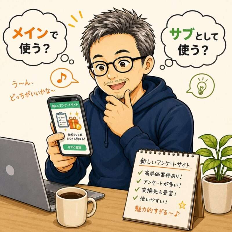新しいアンケートサイトで迷うポイおじの絵
