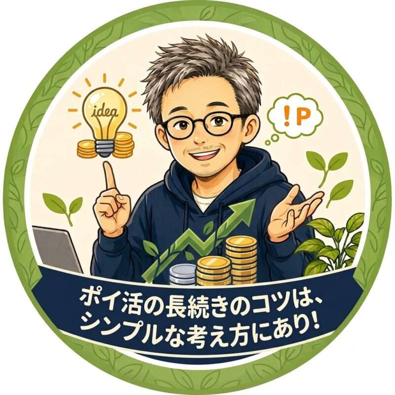 「ポイ活の長続きのコツはシンプルな考え方にある」ことを伝えているポイおじの絵