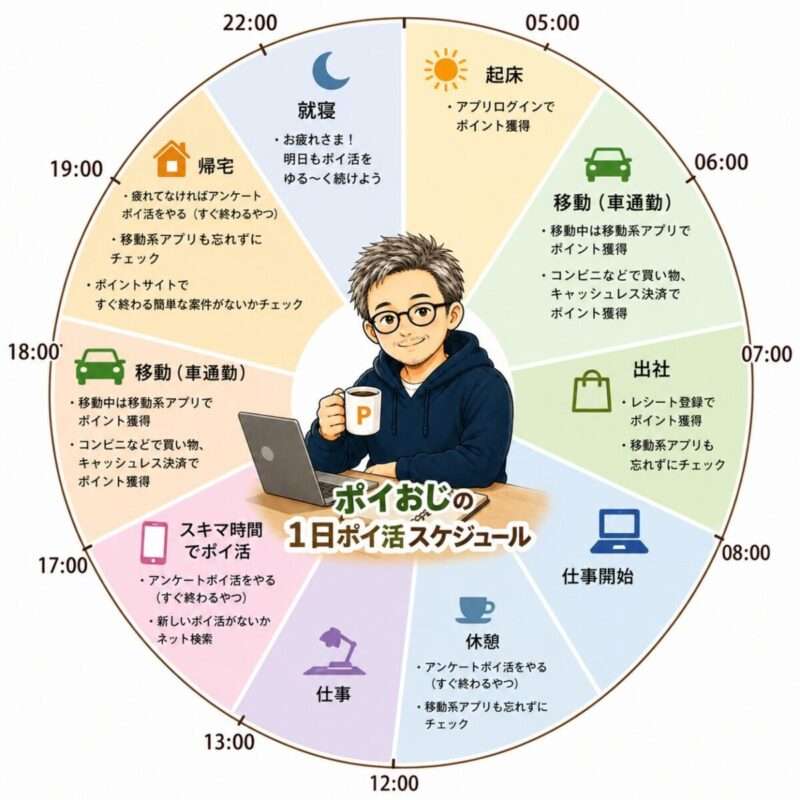 ポイおじの「ポイ活の一日スケジュール」の時計風図解