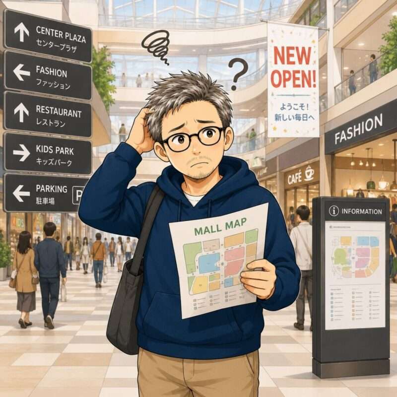 ショッピングモールで迷子になるポイおじの絵