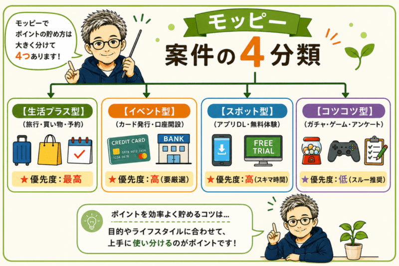 ポイおじが「モッピー」でのポイントの貯め方が大きく分けて4つに分類されることを説明している図解